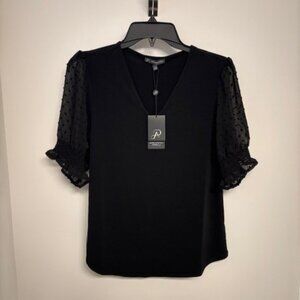 Adrianna Papell Solid Knit Crepe Clip Dot V-Neck Black Small